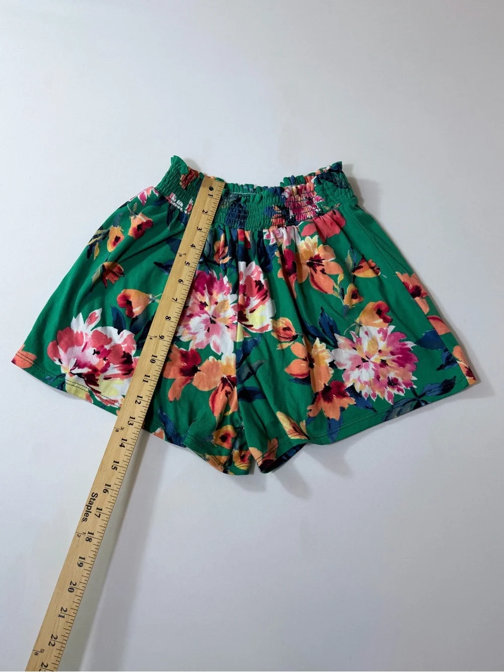 Chenault Girl Floral Shorts Green Orange Pink Elastic High Waist Juniors 0/1